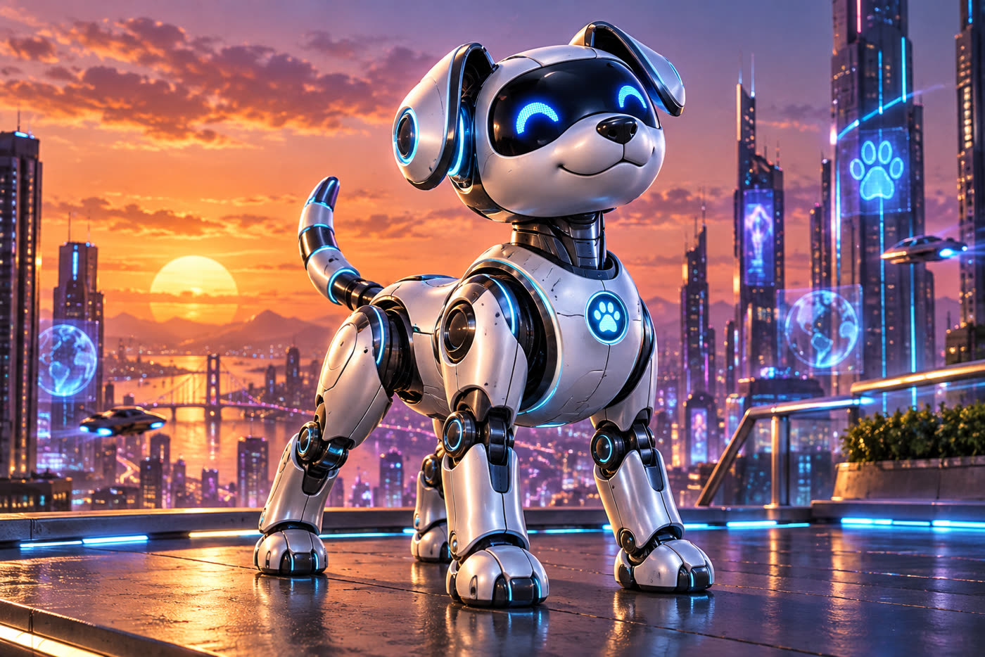 Oppy the robot dog standing on a rooftop above a neon city at sunset